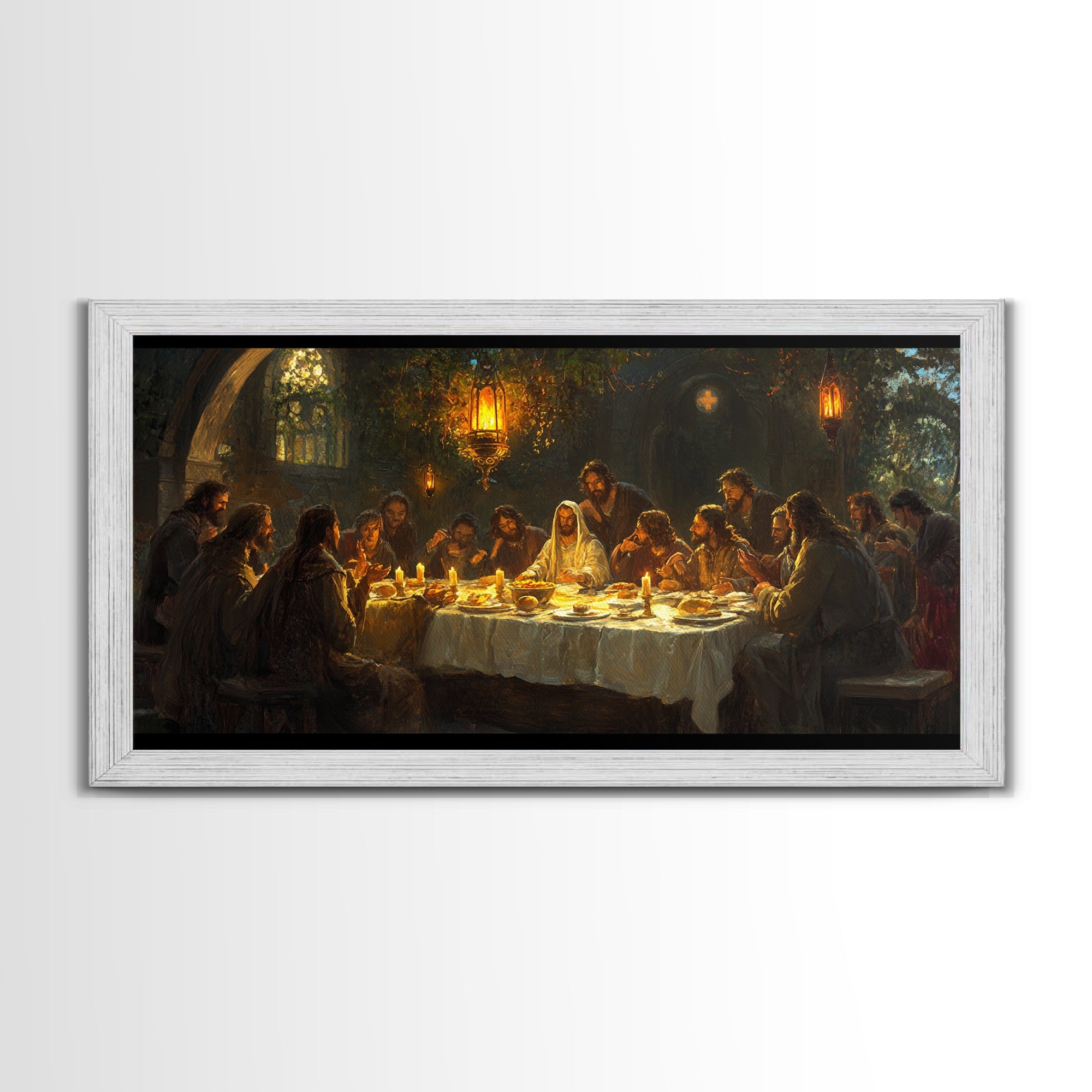 Framed canvas print of The Last Supper, light gray frame, candlelit table scene