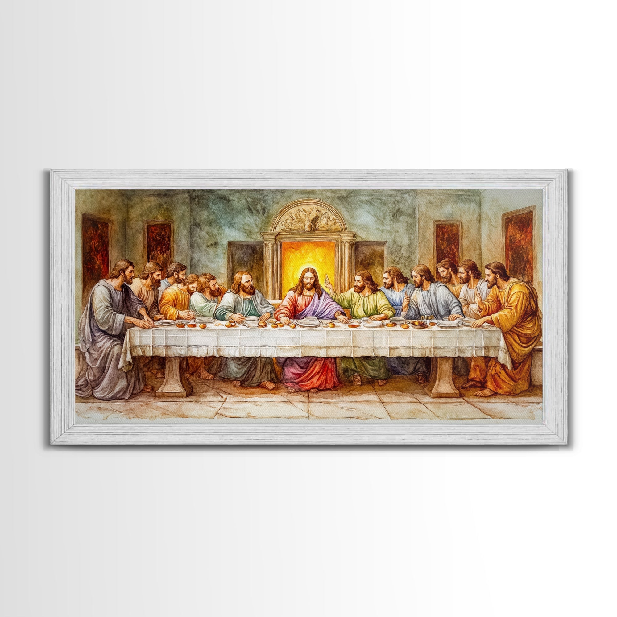 Framed canvas print in a light frame featuring The Last Supper with Jesus at center