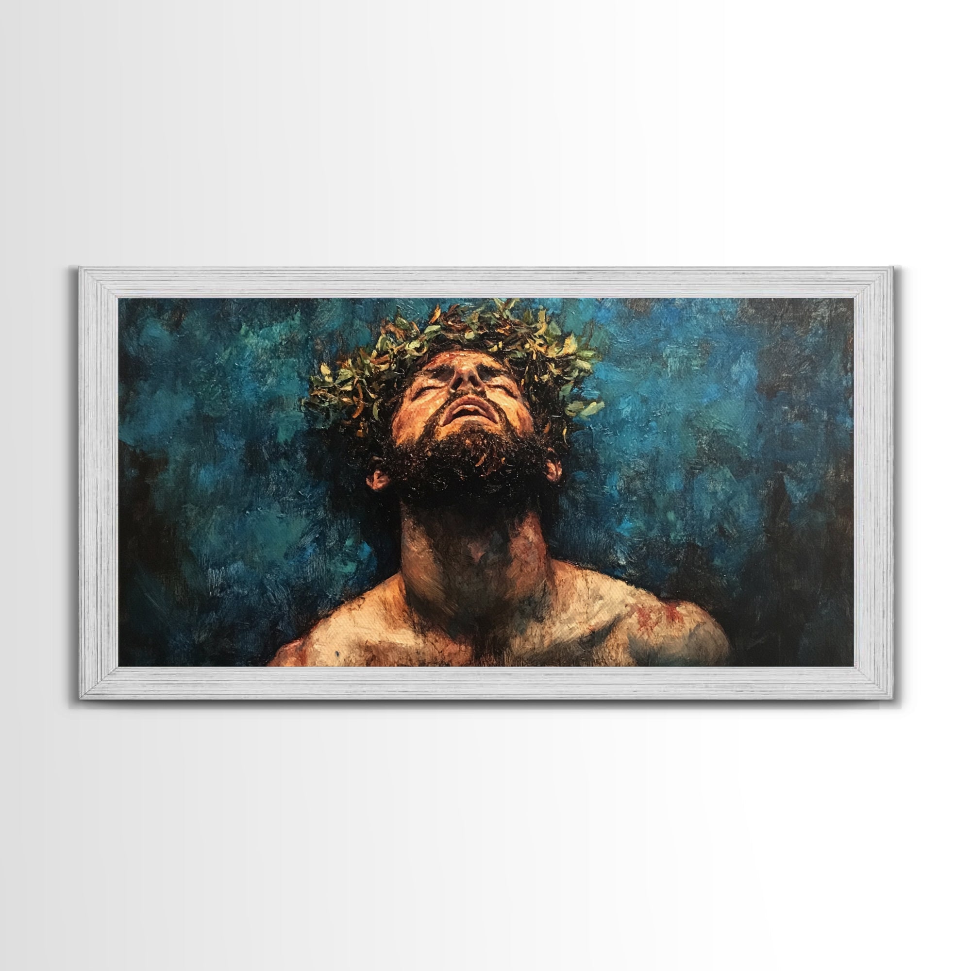 Framed Jesus Christ wall canvas portrait with crown of thorns, horizontal view