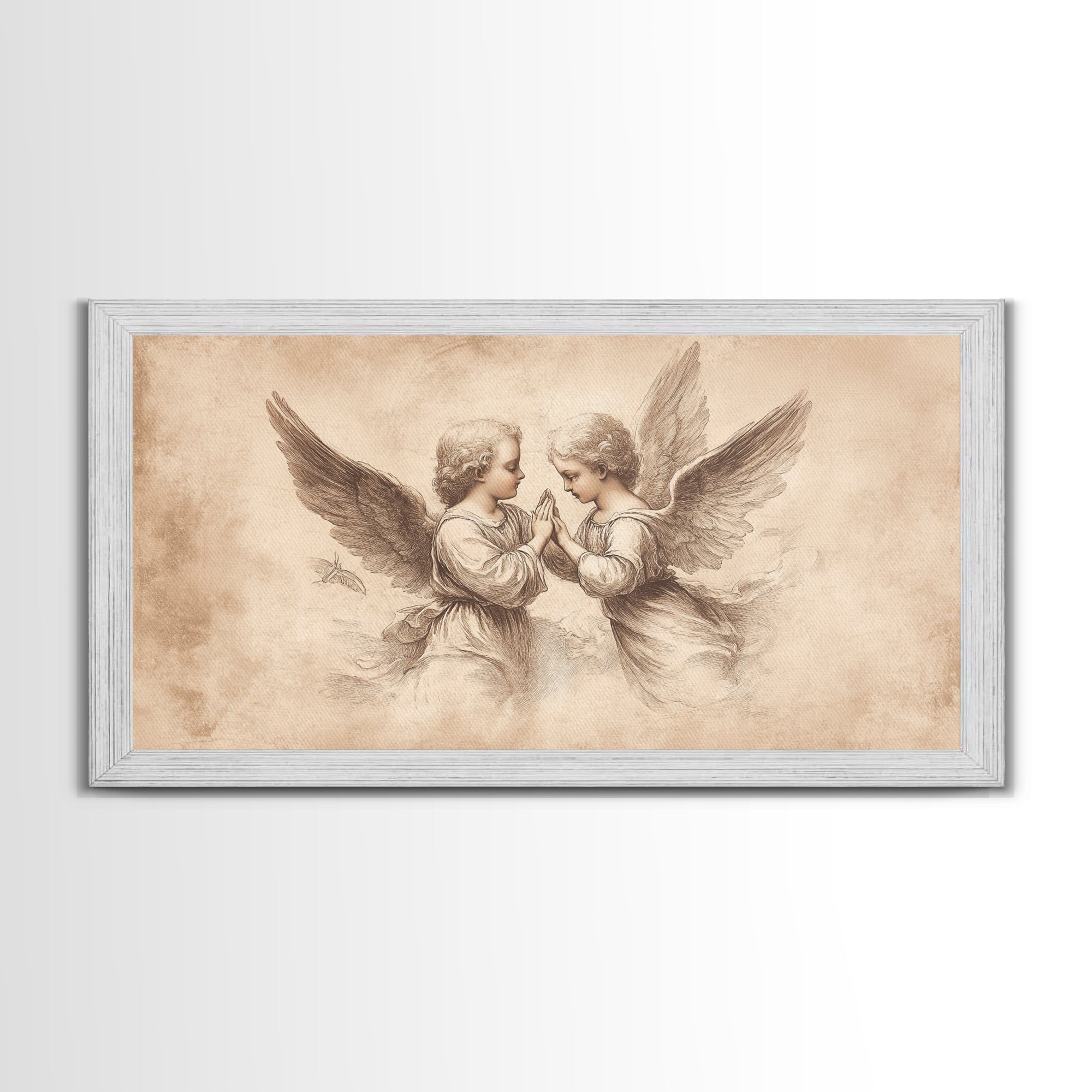 Angel wall art canvas print with two cherubs and wings, beige sketch, white frame