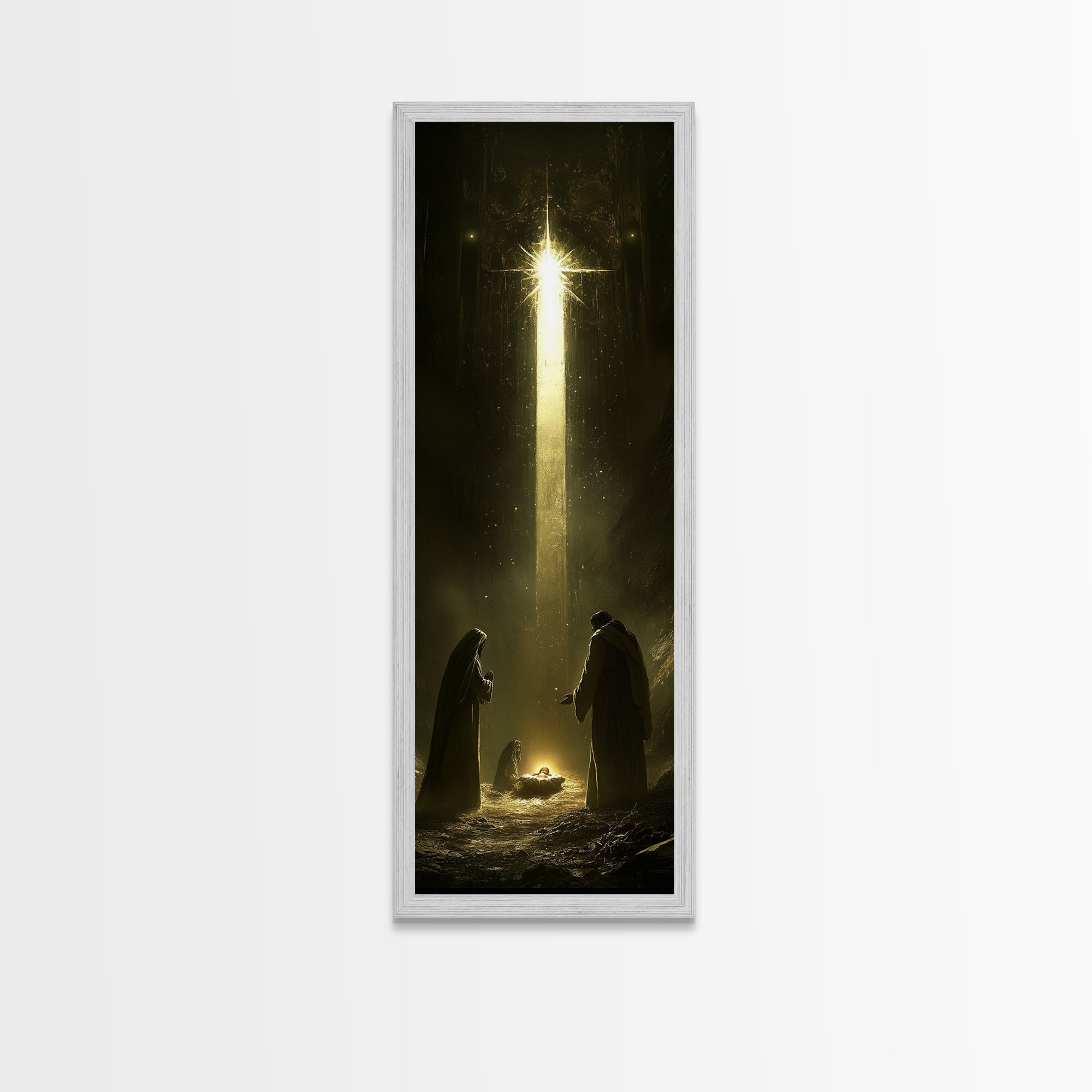 Nativity painting print with glowing star and two figures in a white frame