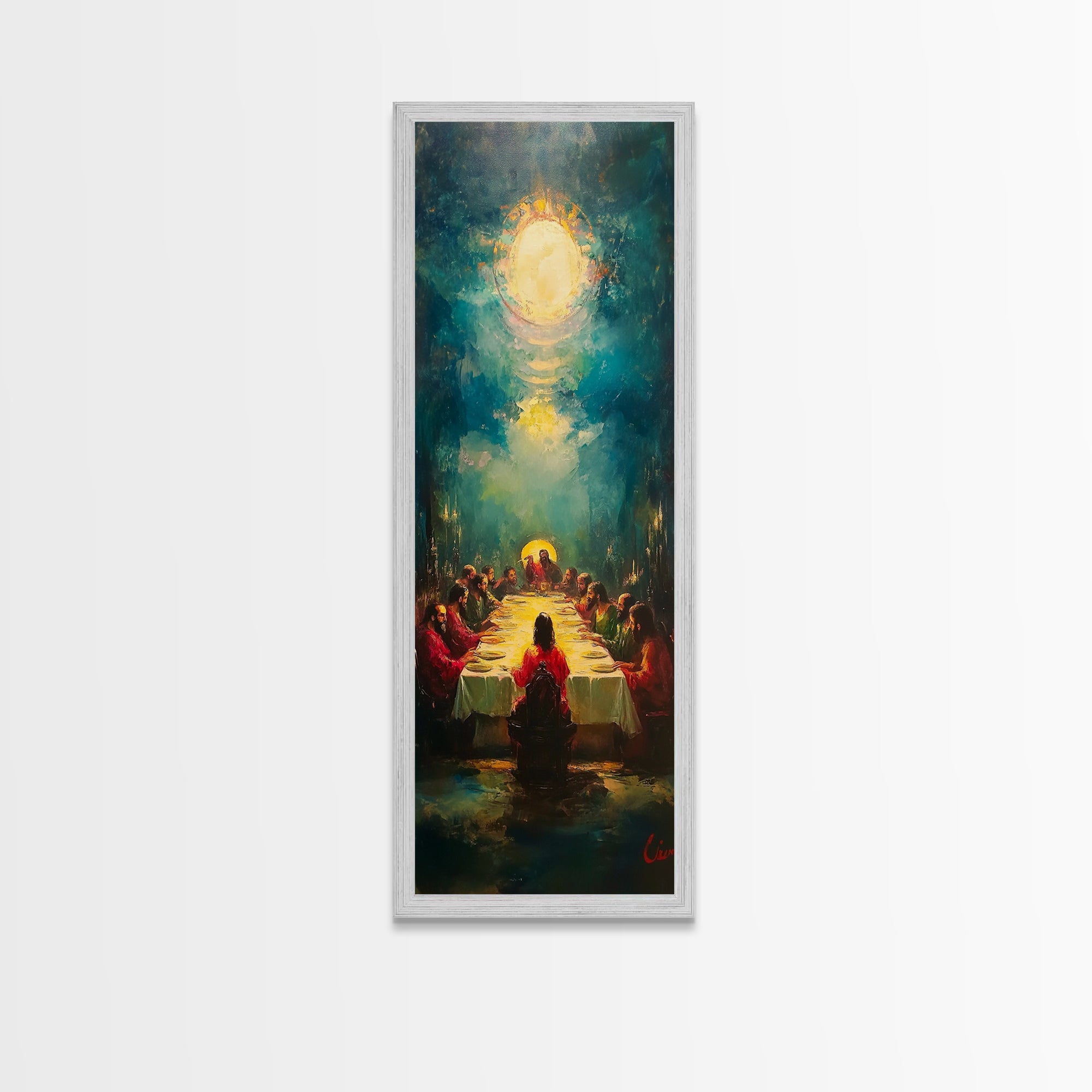 Last Supper wall art canvas in silver frame, Christ halo and apostles gathered