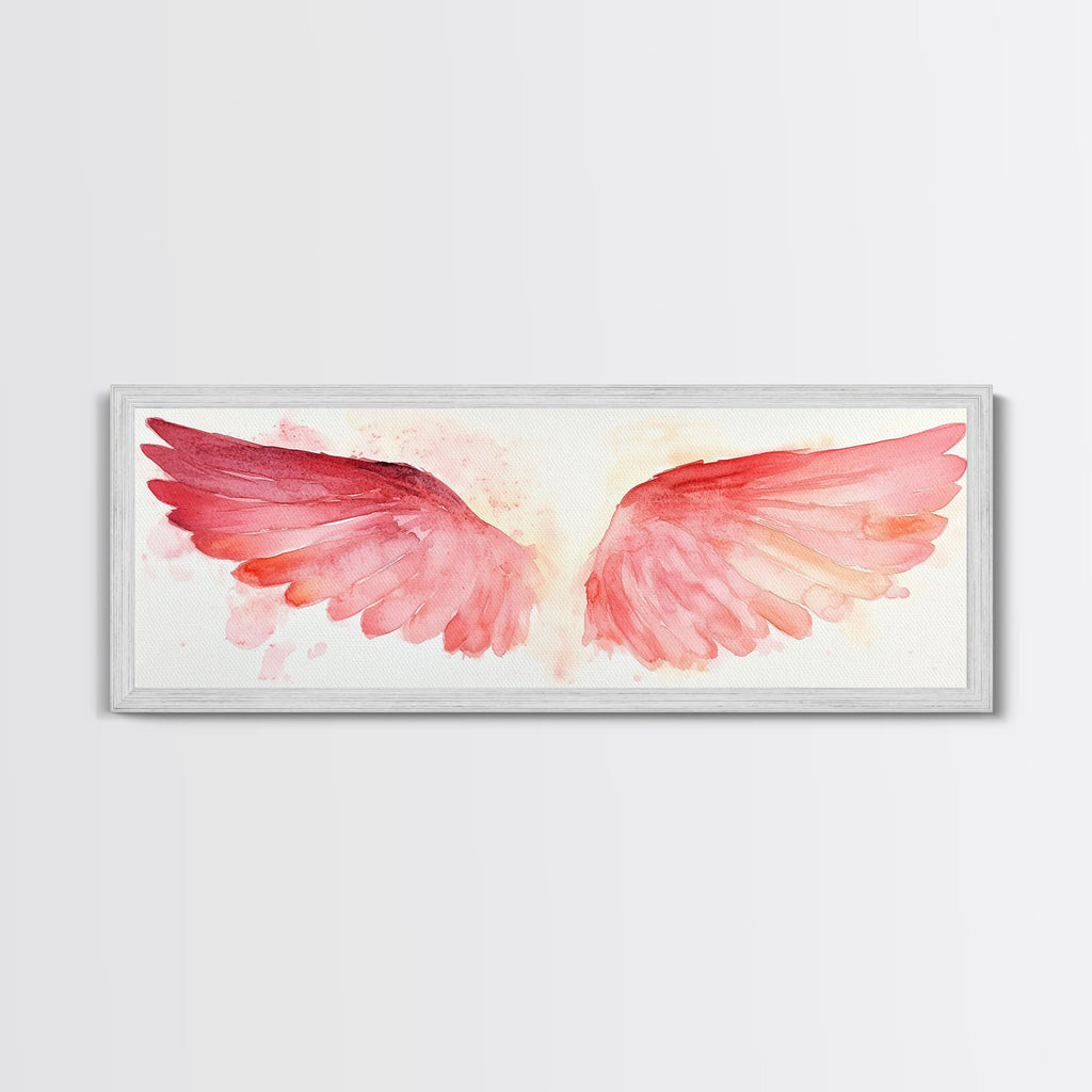 Angel wings canvas print in light gray frame with pink watercolor wings