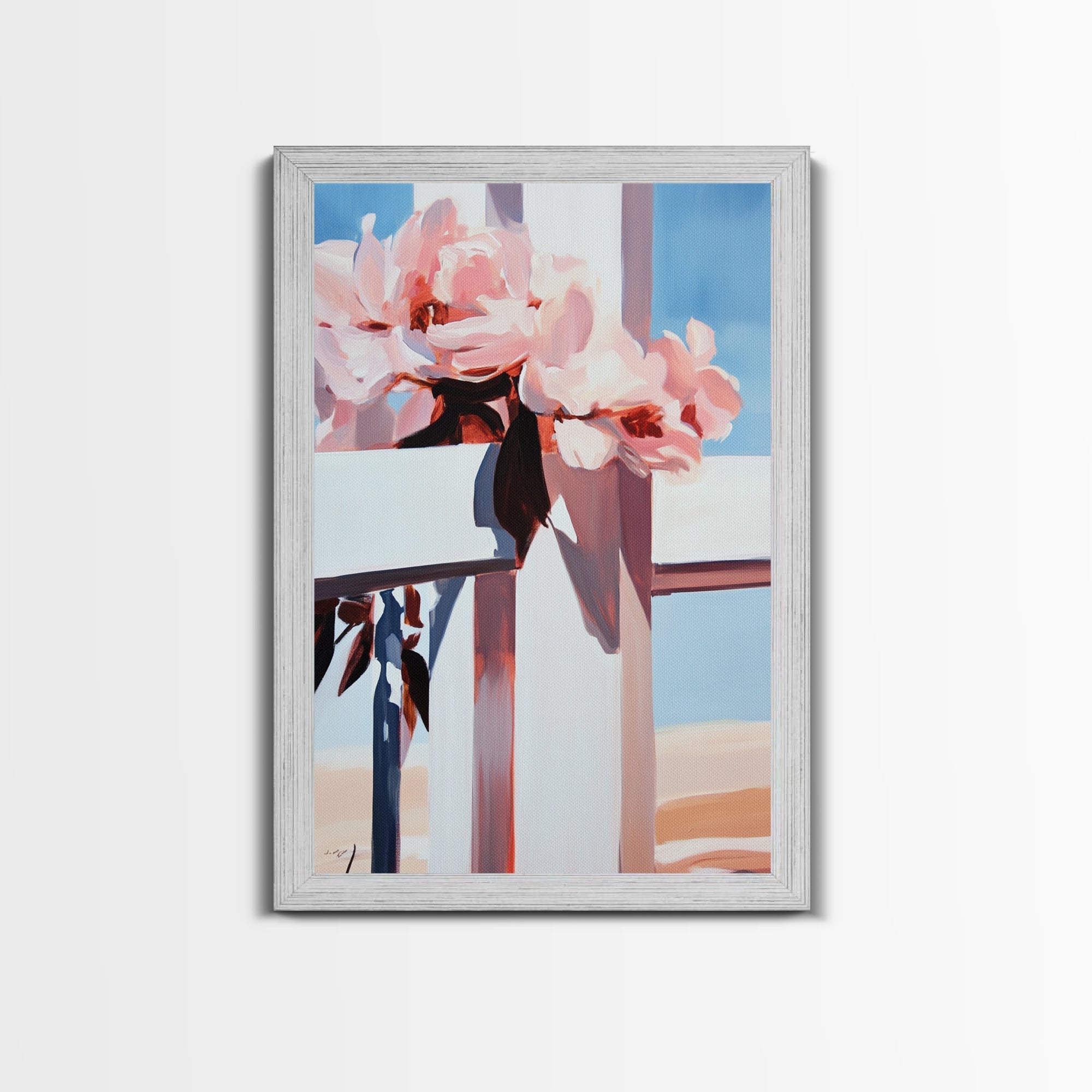 Floral peony cross canvas print with white distressed frame, pink peonies and blue tones
