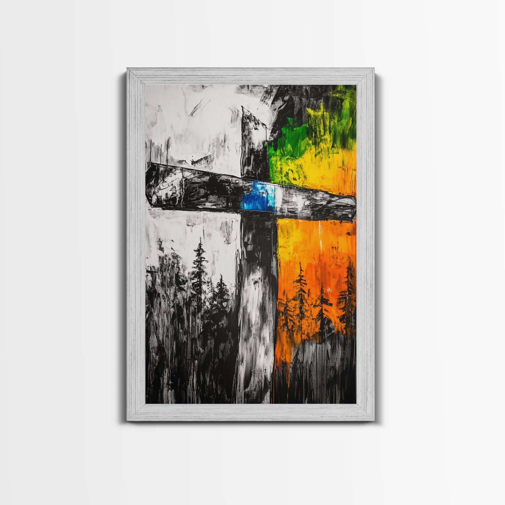Framed wooden cross wall art canvas with rustic cross design in black, orange, green and blue