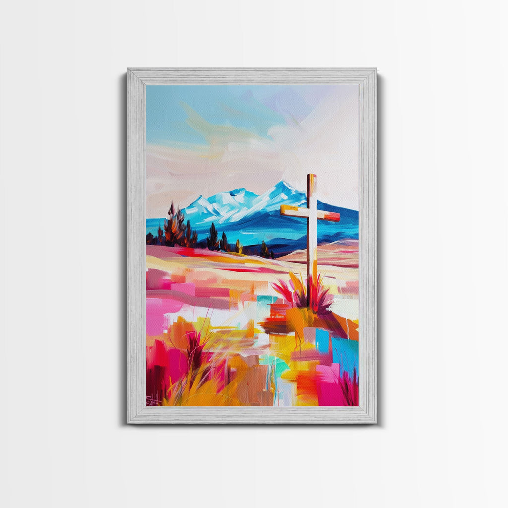 Framed canvas wall art with cross over vivid mountain and desert landscape