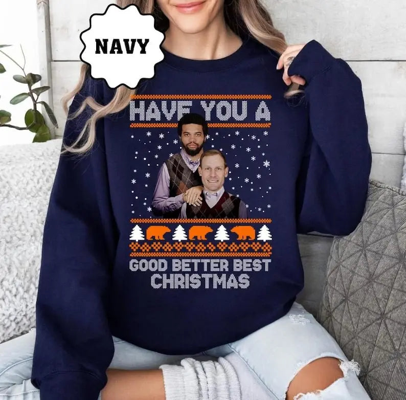 Navy ugly Christmas sweater with long sleeves and festive graphic front