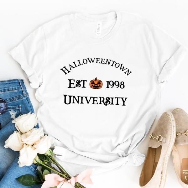 White short-sleeve t-shirt with 'Halloweentown EST 1998 UNIVERSITY' graphic