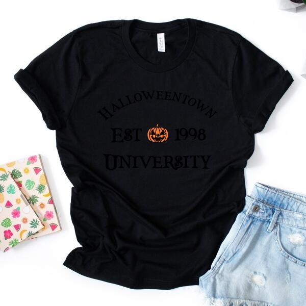 Black short-sleeve t-shirt with 'Halloweentown EST 1998 UNIVERSITY' graphic
