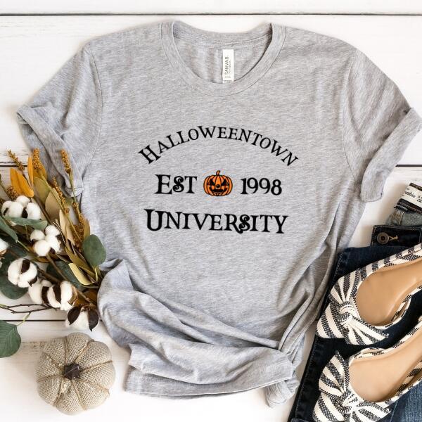 Heather gray short-sleeve t-shirt with 'Halloweentown EST 1998 UNIVERSITY' graphic