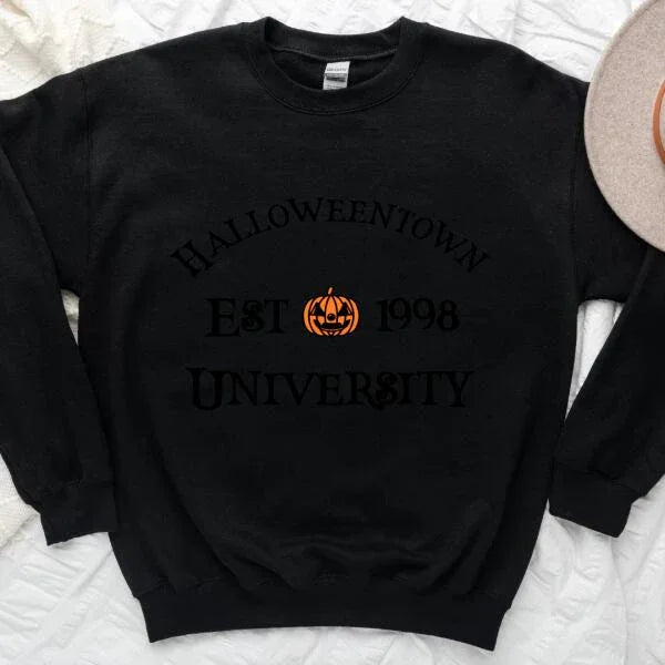 Black crewneck sweatshirt with 'Halloweentown EST 1998 UNIVERSITY' graphic