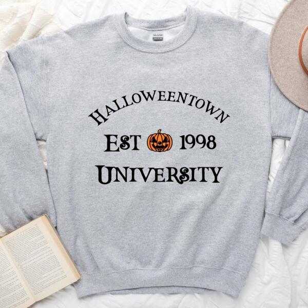 Light gray crewneck sweatshirt with 'Halloweentown EST 1998 UNIVERSITY' graphic
