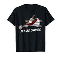 Black unisex T-shirt with soccer goalie graphic and 'JESUS SAVES' front print