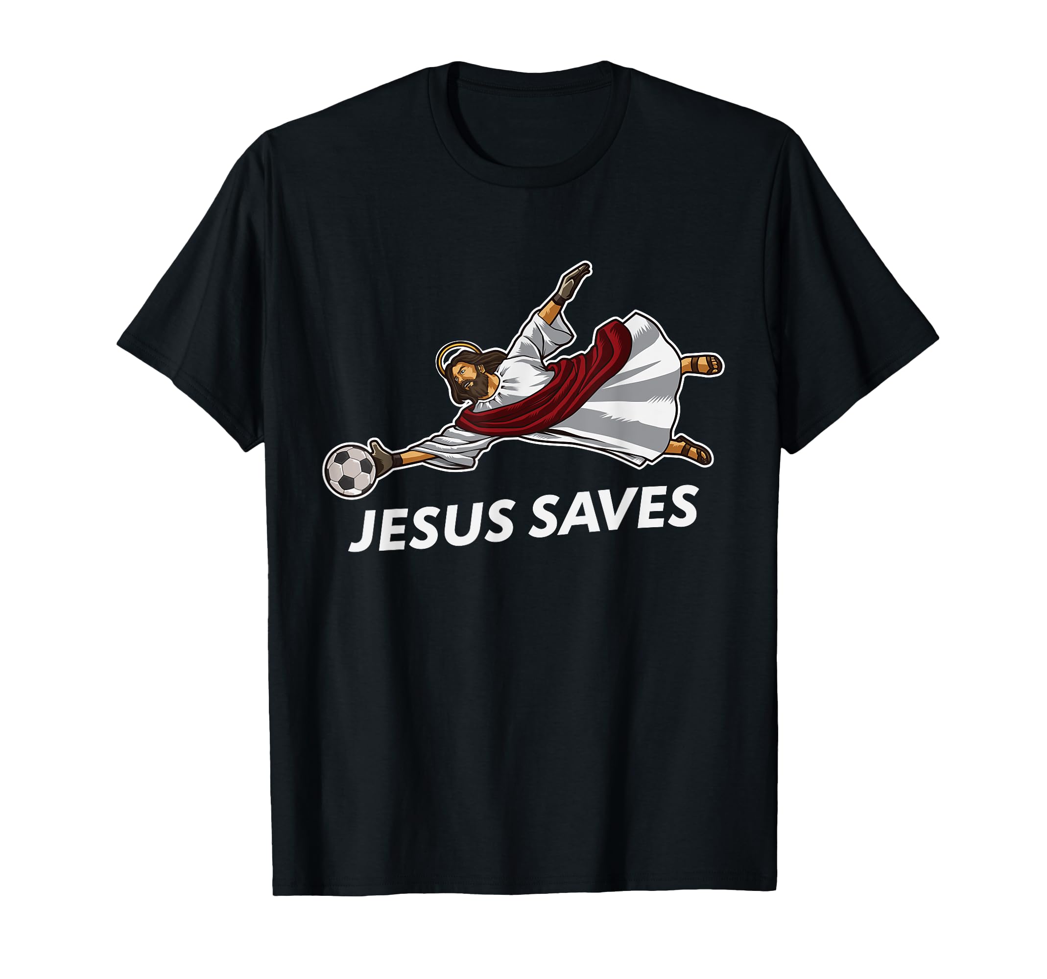 Black unisex T-shirt with soccer goalie graphic and 'JESUS SAVES' front print