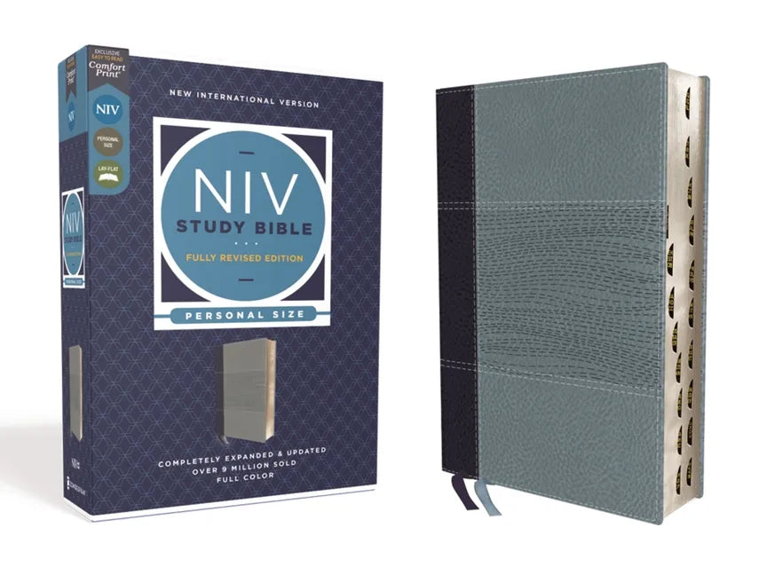 NIV Study Bible Personal Size with navy-blue leathersoft cover and thumb index tabs