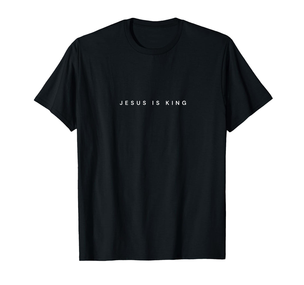 Black crewneck T-shirt with small "JESUS IS KING" text on chest