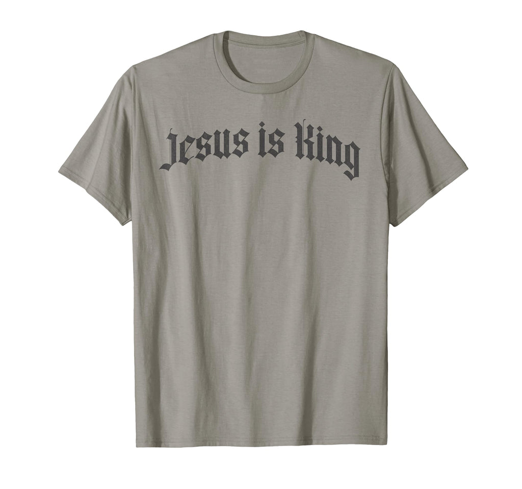 Gray crew-neck T-shirt with 'Jesus Is King' front graphic.