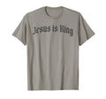 Gray crew-neck T-shirt with 'Jesus Is King' front graphic.