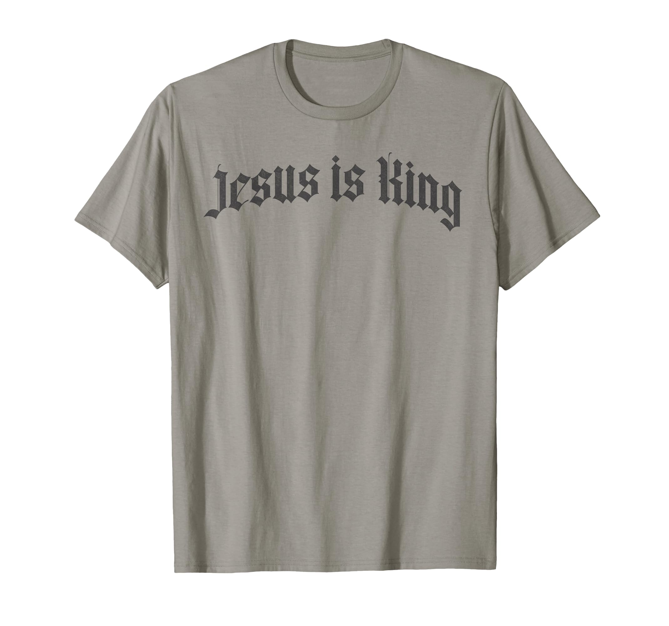 Gray crew-neck T-shirt with 'Jesus Is King' front graphic.