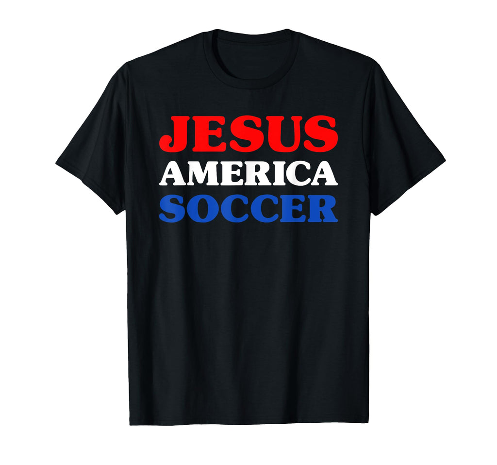 Black T-shirt with multicolor text graphic: JESUS AMERICA SOCCER on front.