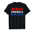 Black T-shirt with multicolor text graphic: JESUS AMERICA SOCCER on front.