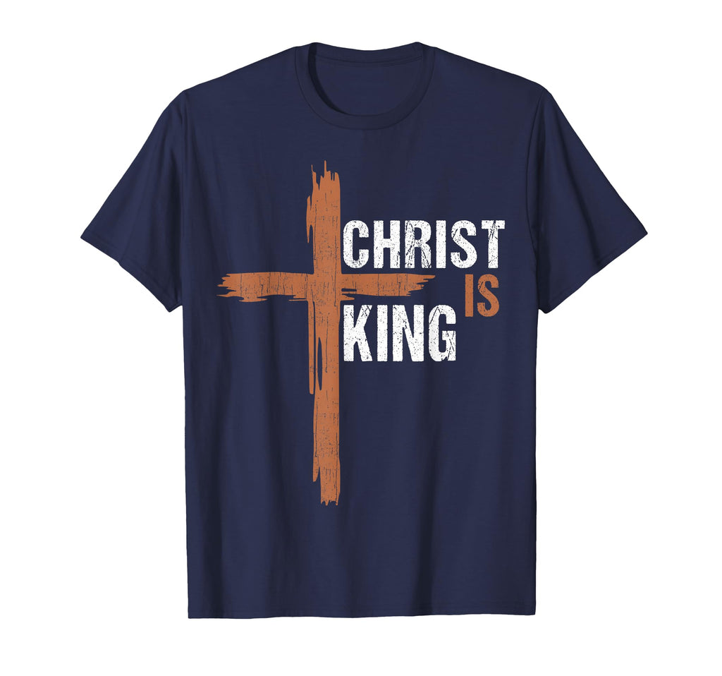 Navy unisex T-shirt with orange cross graphic and 'CHRIST IS KING' text