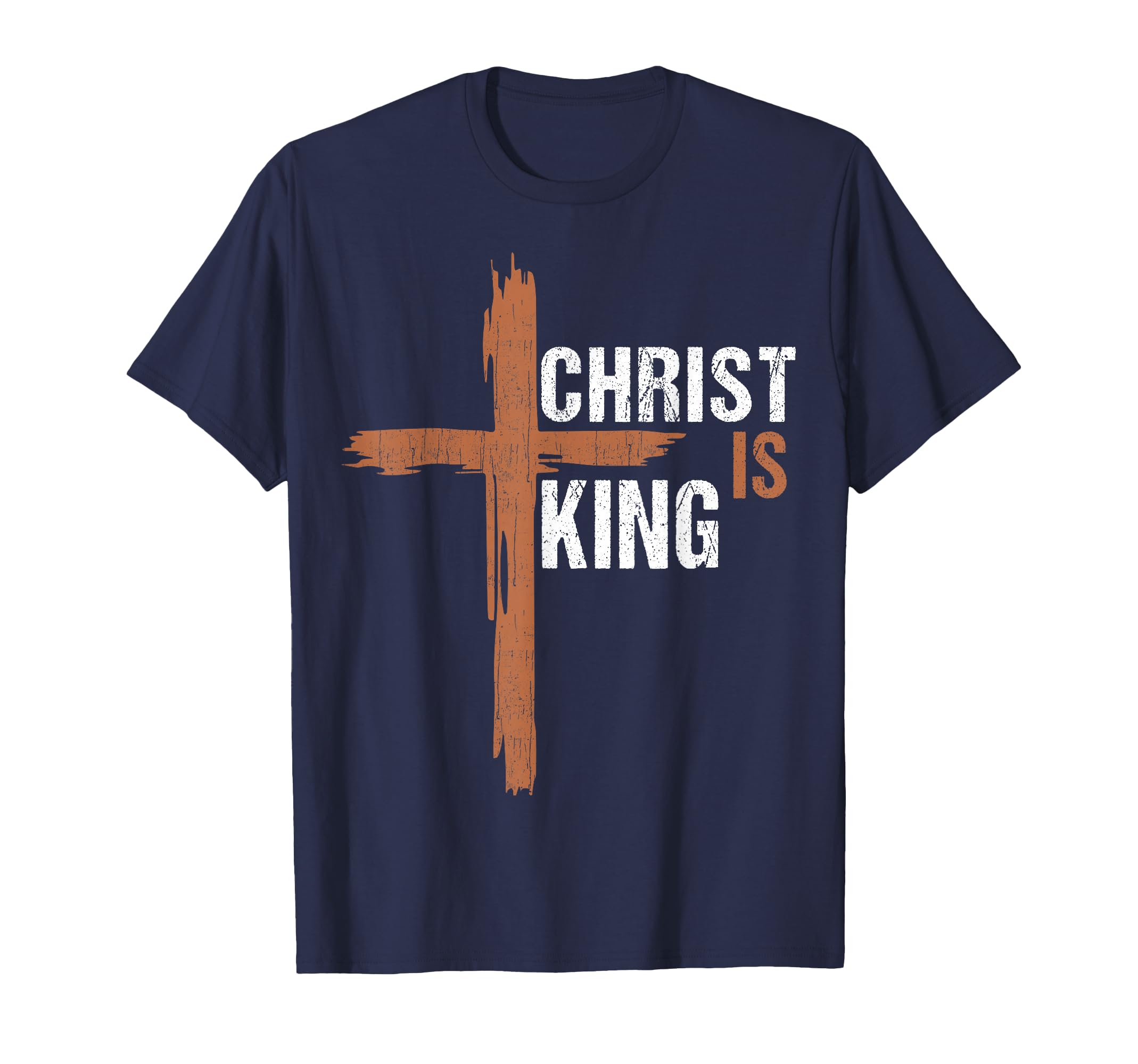 Navy unisex T-shirt with orange cross graphic and 'CHRIST IS KING' text