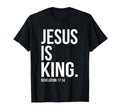 Black T-shirt with 'JESUS IS KING' scripture print and 'REVELATION 17:14'.
