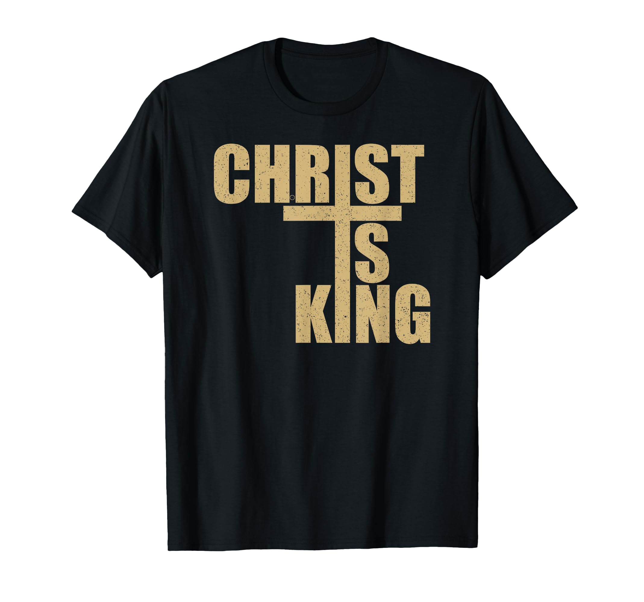 Black T-shirt with 'CHRIST IS KING' text and cross graphic centered on front