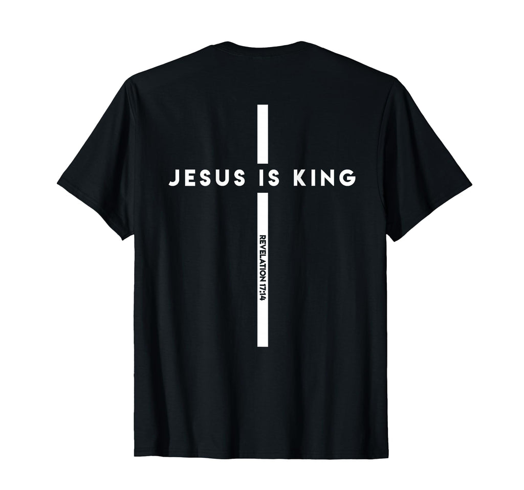 Black T-shirt with vertical white cross and JESUS IS KING back print