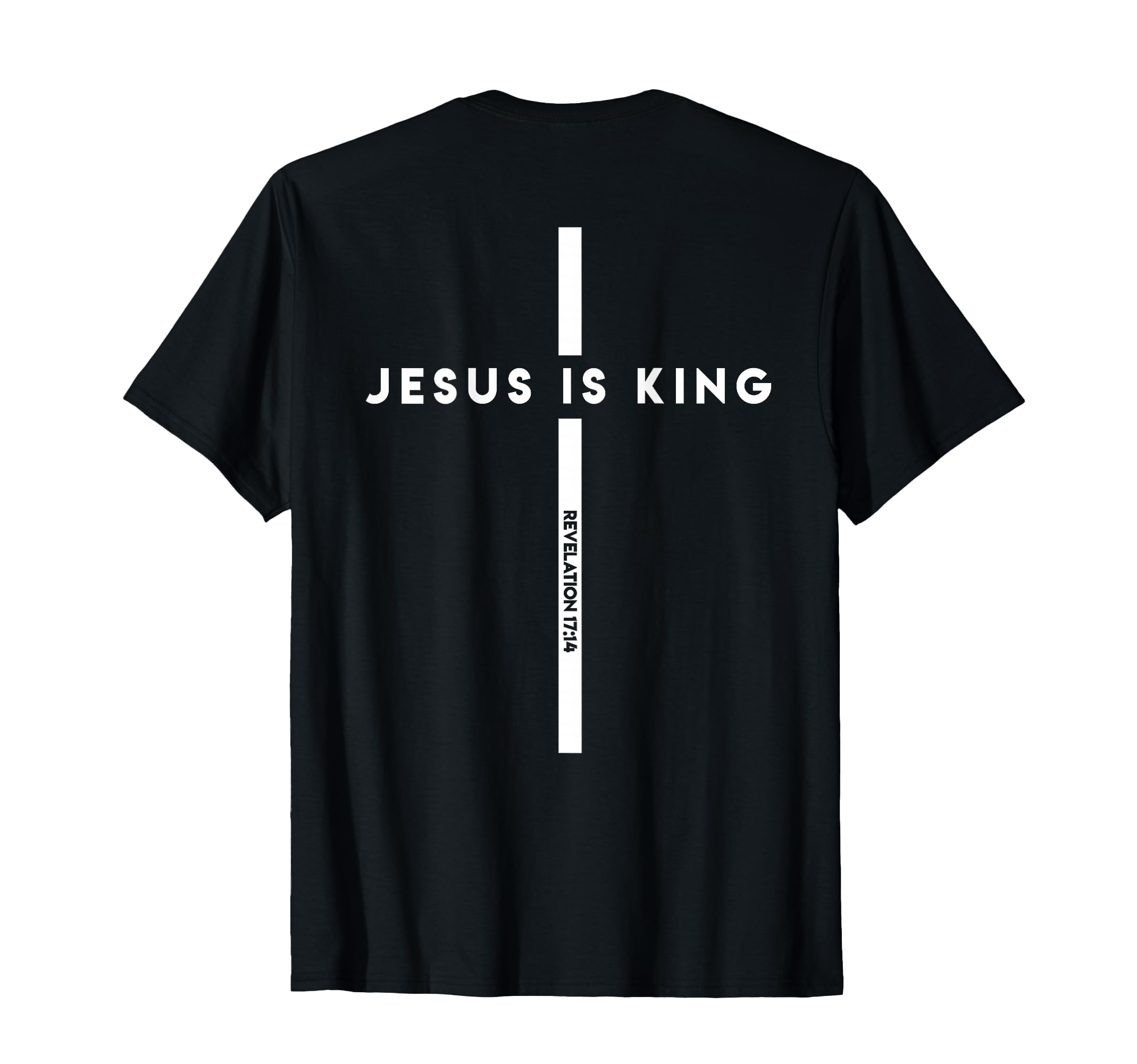 Black T-shirt with vertical white cross and JESUS IS KING back print