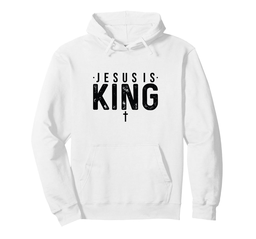 White hoodie with front pocket and hood, graphic text design on chest