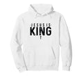 White hoodie with front pocket and hood, graphic text design on chest