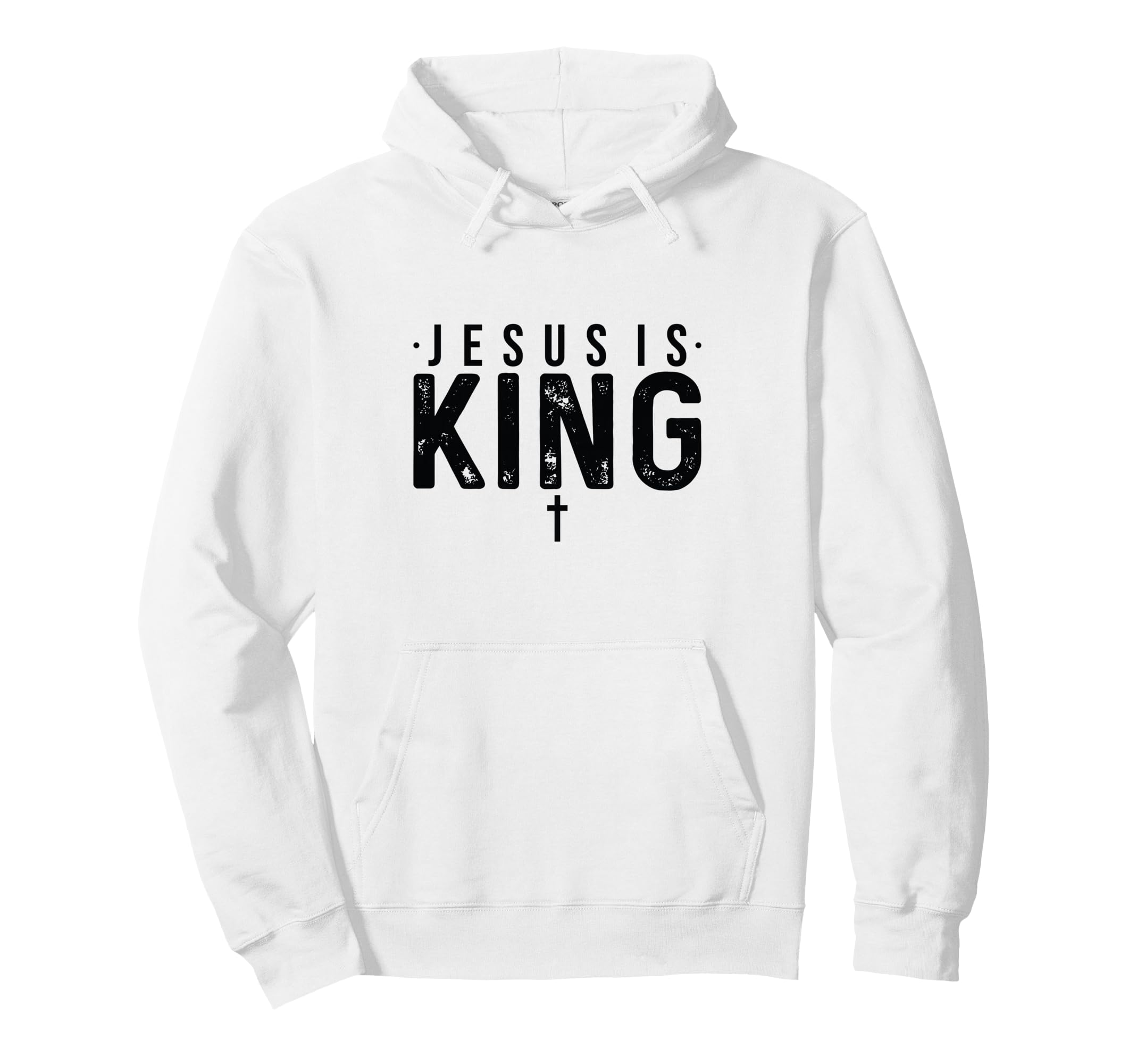 White hoodie with front pocket and hood, graphic text design on chest