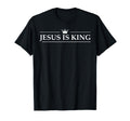 Black unisex T-shirt with white “JESUS IS KING” text and crown logo on chest