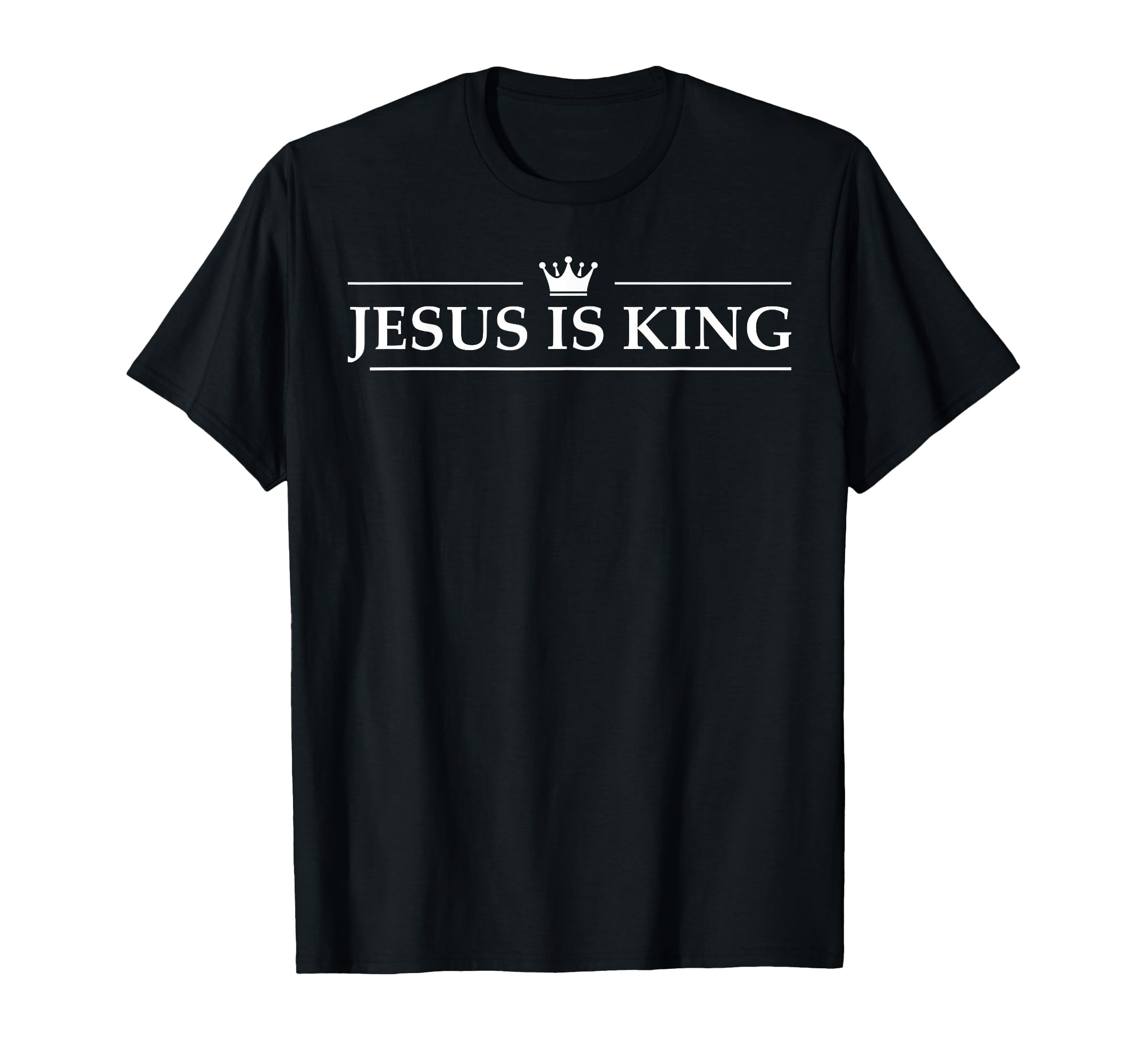 Black unisex T-shirt with white “JESUS IS KING” text and crown logo on chest