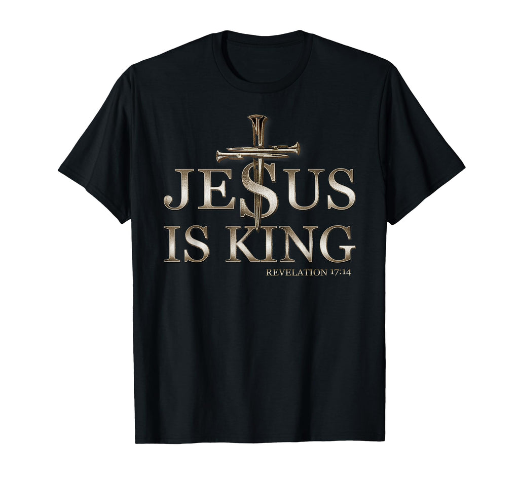 Black T-shirt with gold "Jesus Is King" cross and "Revelation 17:14" print