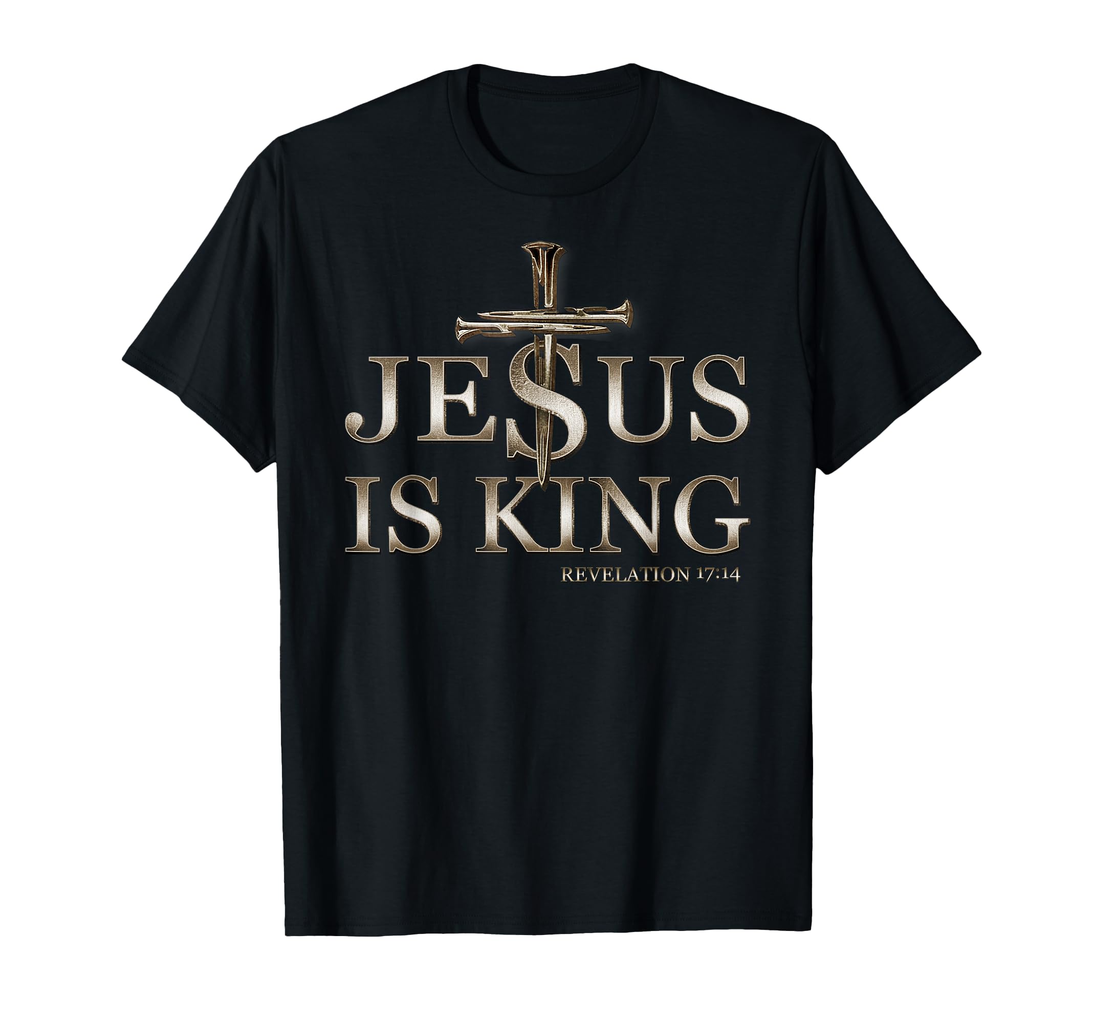 Black T-shirt with gold "Jesus Is King" cross and "Revelation 17:14" print
