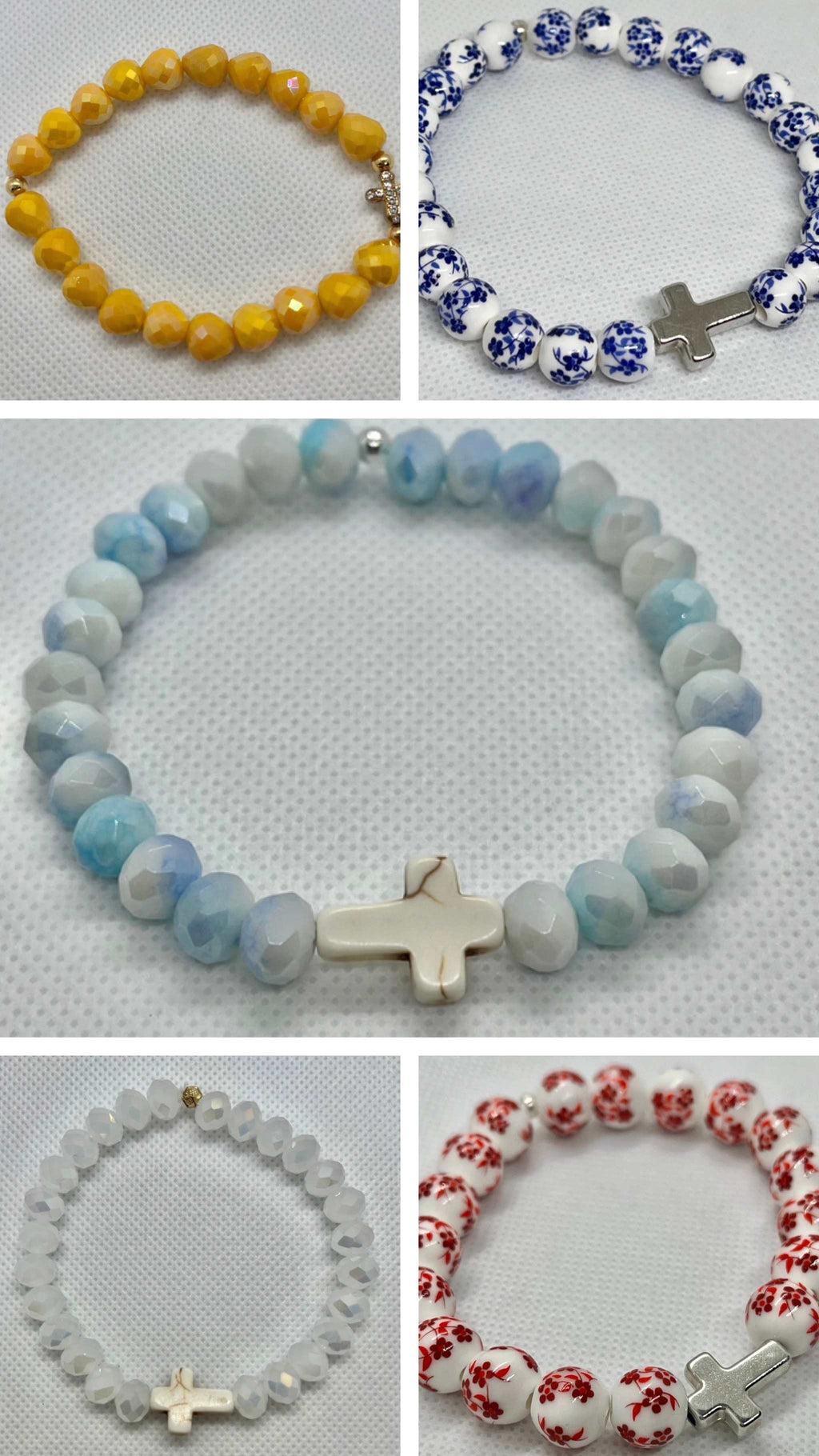 Assorted beaded cross bracelets in yellow, blue, light blue, white and red