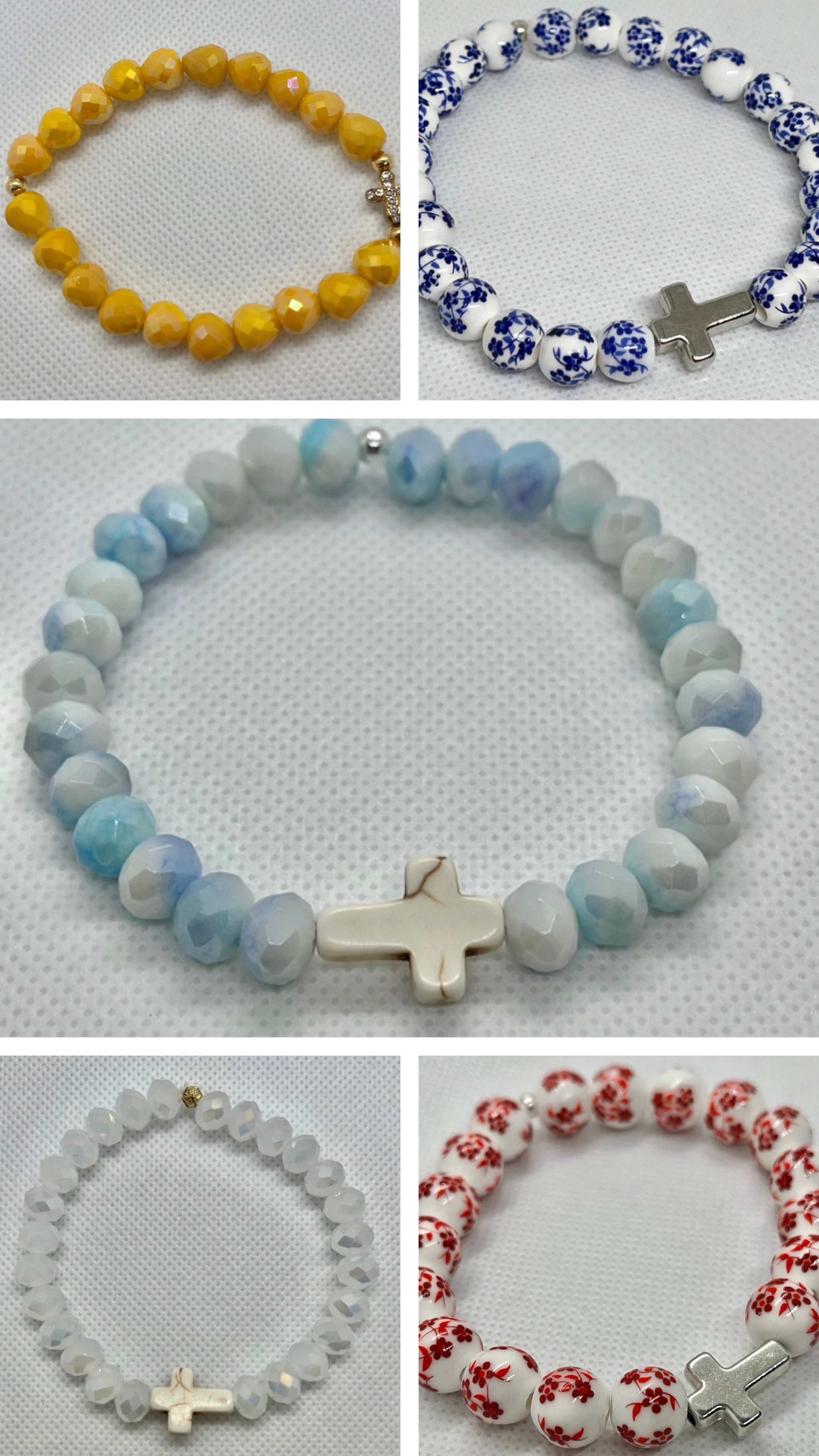 Assorted beaded cross bracelets in yellow, blue, light blue, white and red