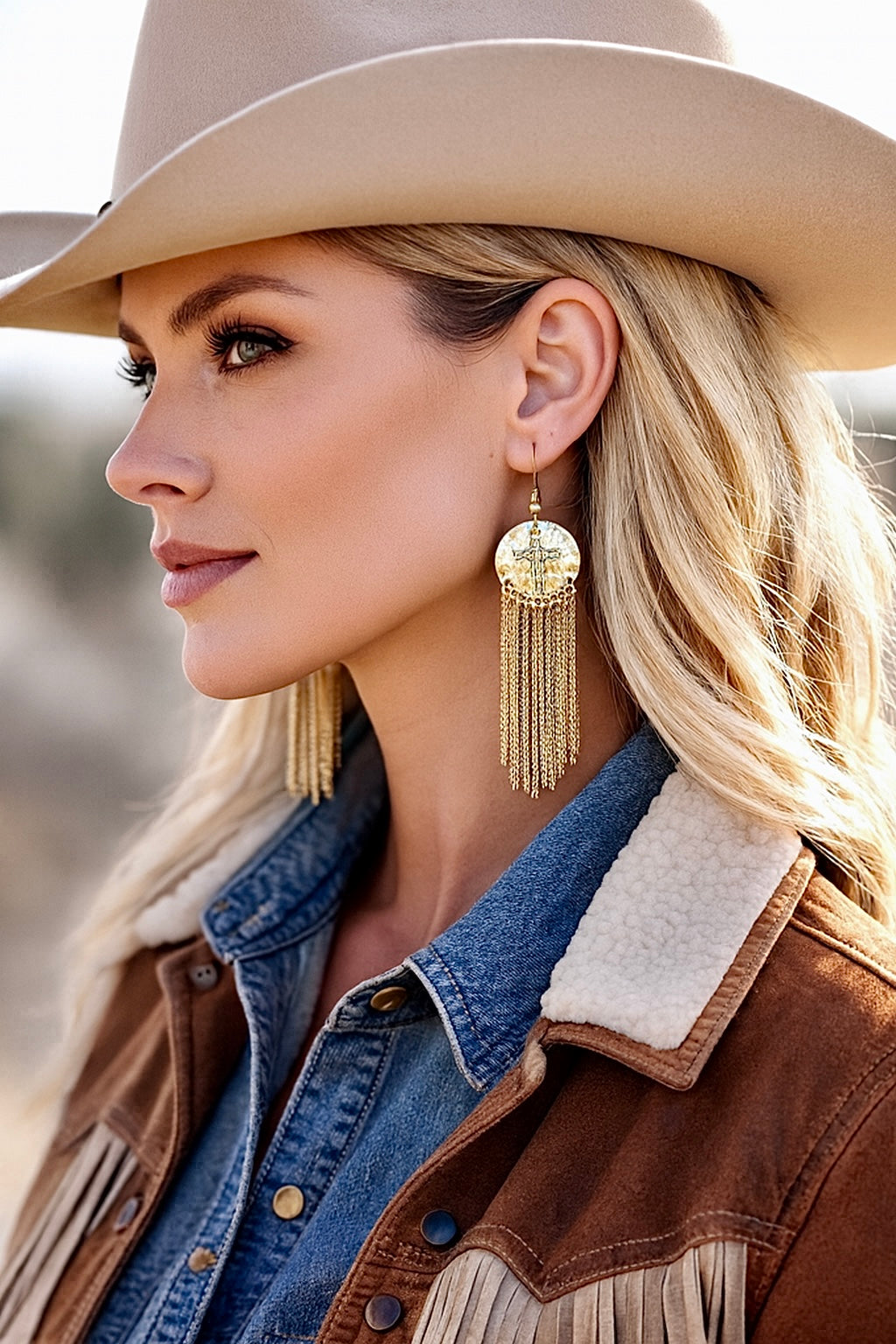 Gold hammered cross drop earrings with long chain fringe and hook backs