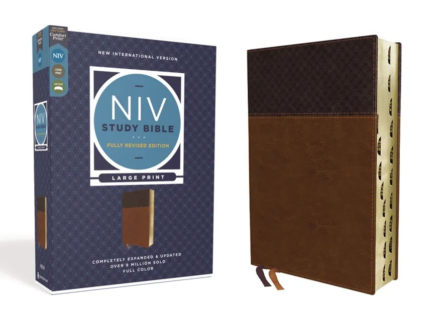 NIV Study Bible, brown leathersoft with thumb indexes; dark blue front cover.