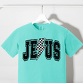 Teal crew-neck T-shirt with checkered lightning bolt front graphic