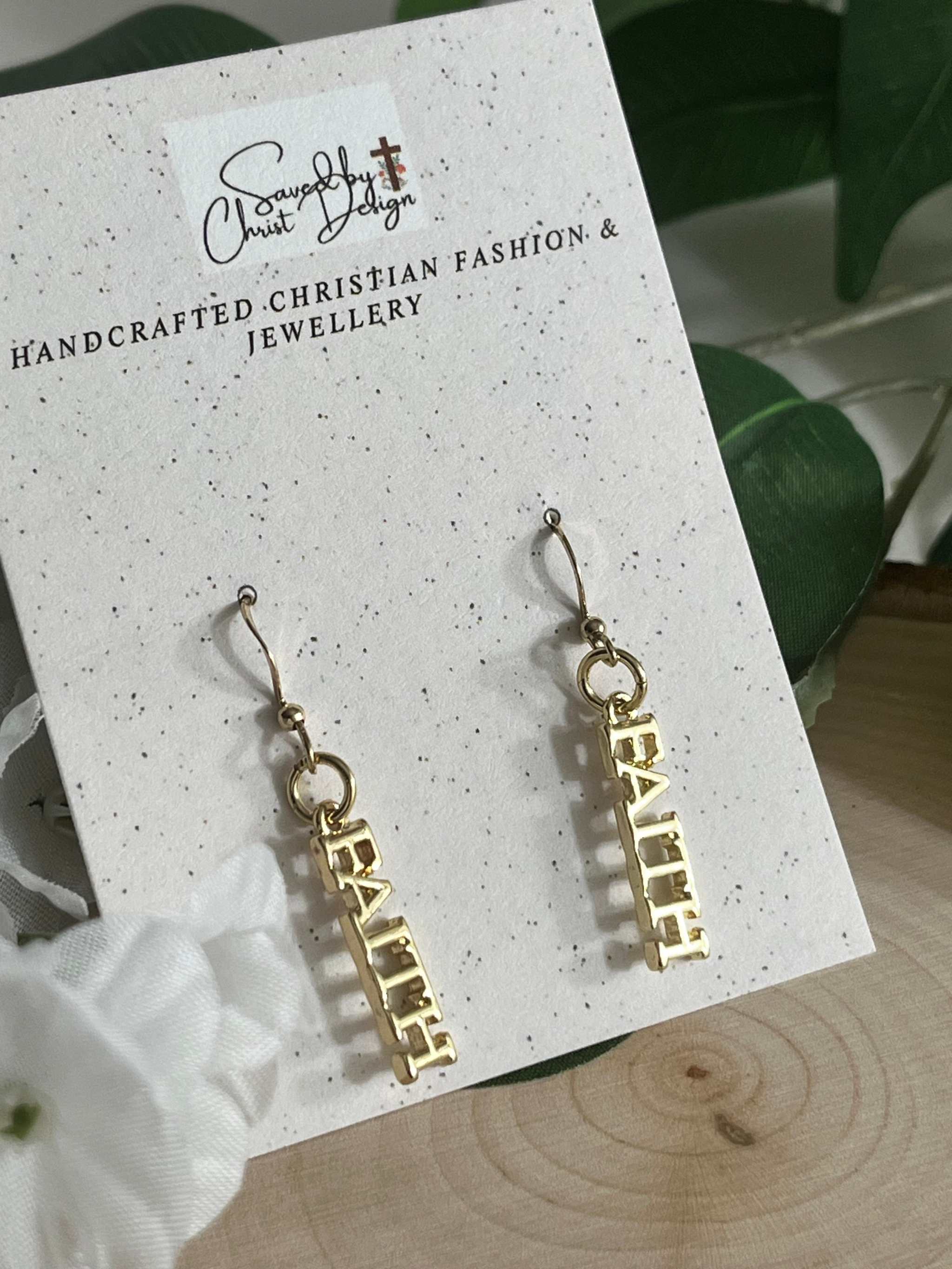 14K gold faith dangle earrings featuring FAITH block lettering and links