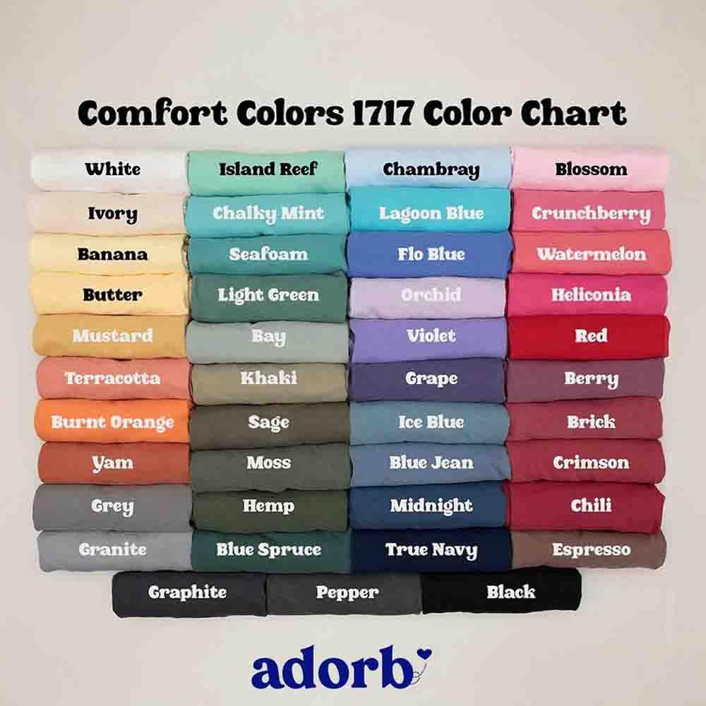 T-shirt color swatch chart showing multiple Comfort Colors shade options