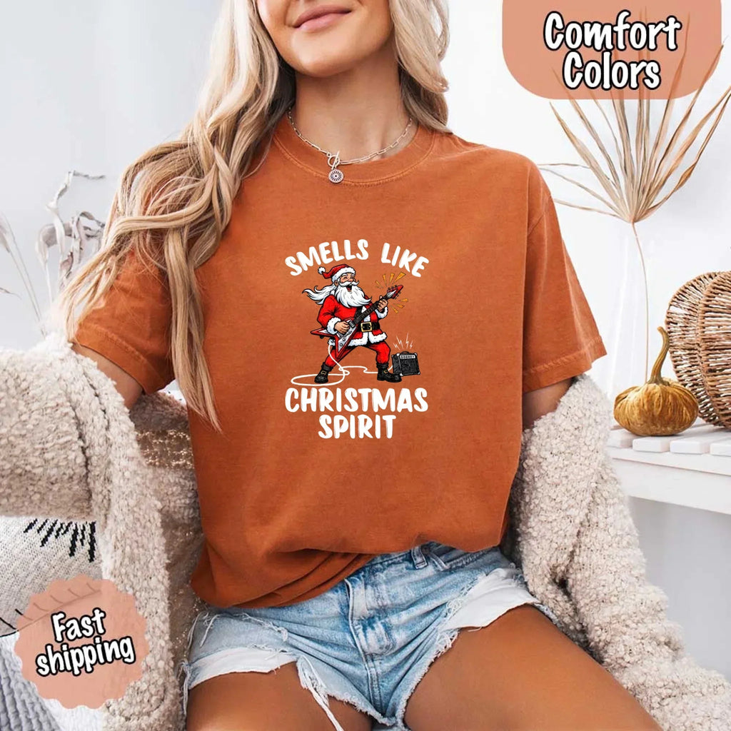 Rust-brown crew-neck T-shirt with Santa graphic and 'Christmas Spirit' lettering
