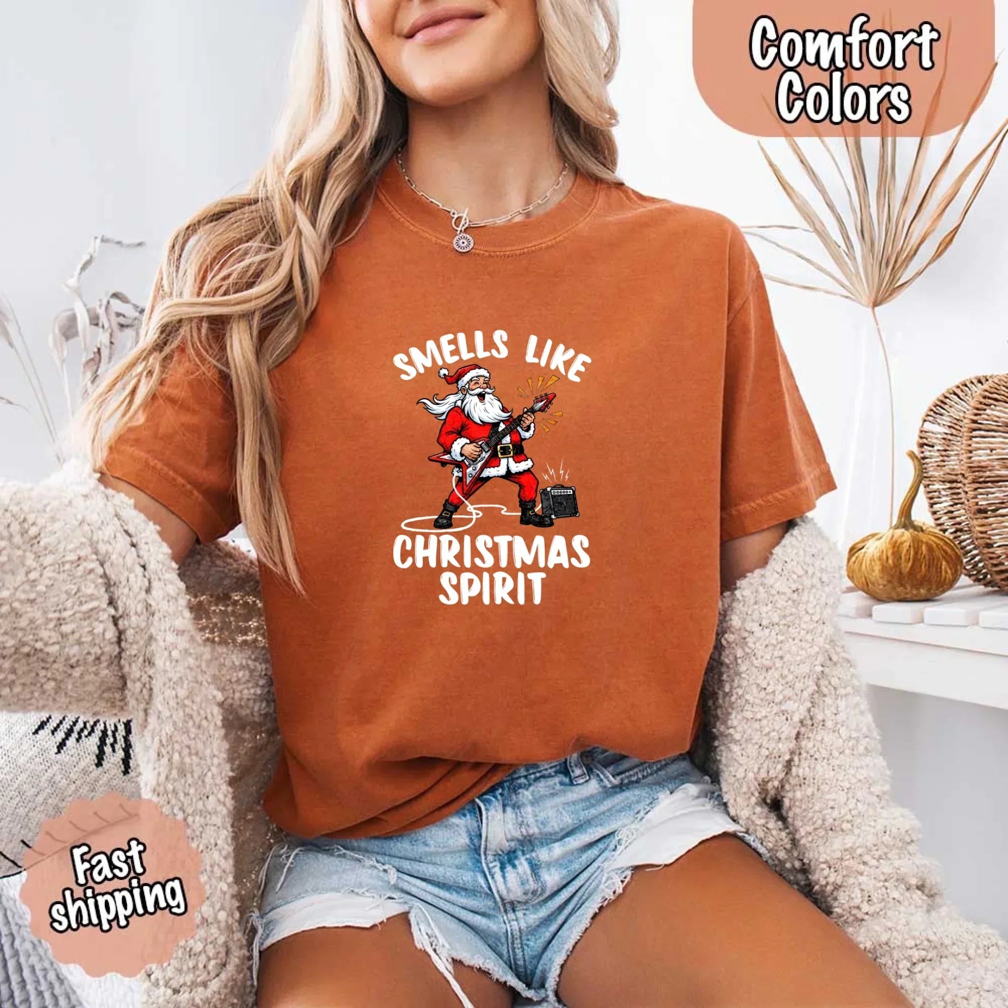 Rust-brown crew-neck T-shirt with Santa graphic and 'Christmas Spirit' lettering