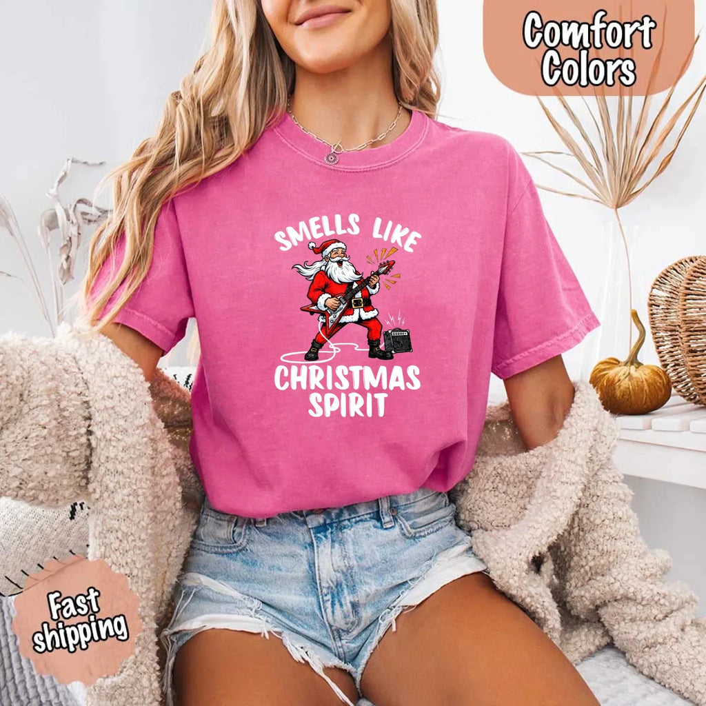 Pink crew-neck T-shirt with Santa graphic and 'Christmas Spirit' lettering