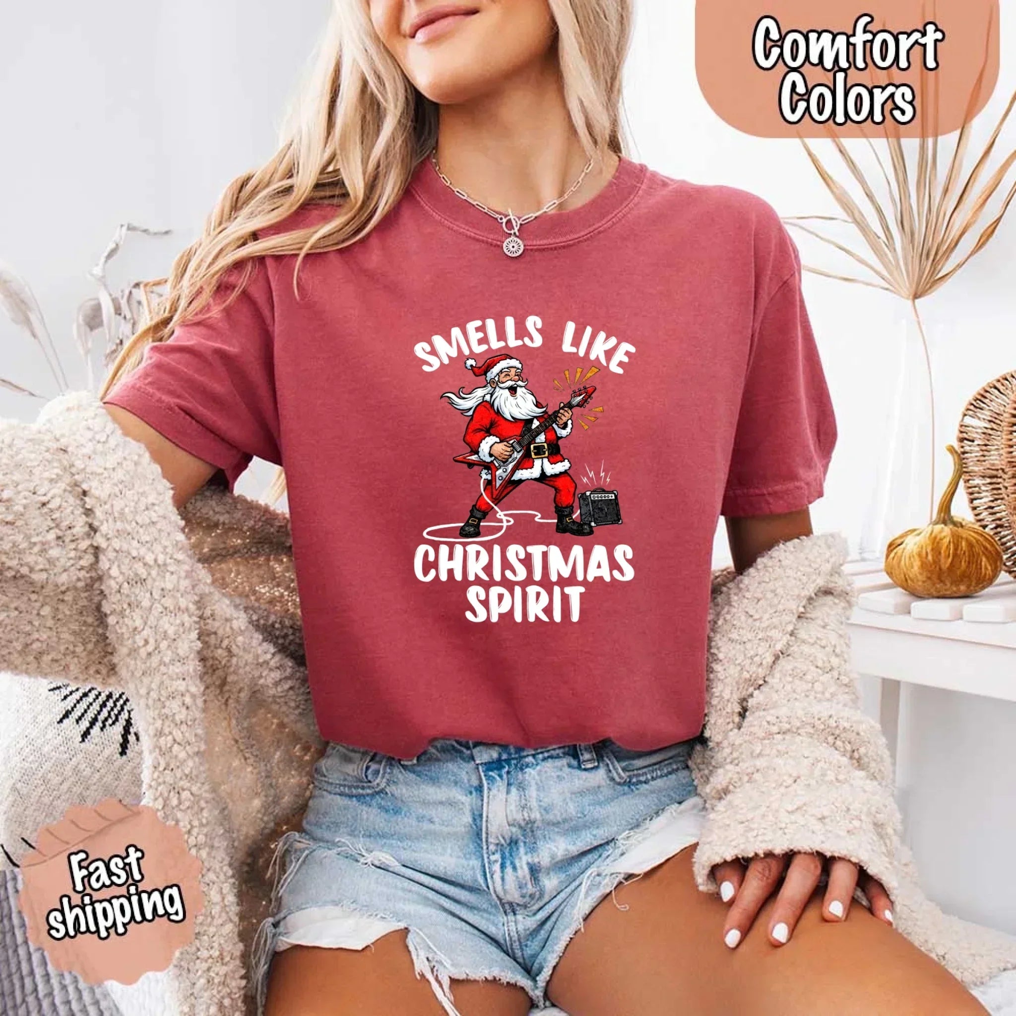 Burgundy crew-neck T-shirt with Santa graphic and 'Christmas Spirit' lettering