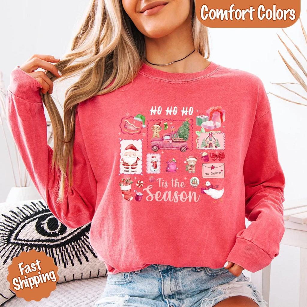 Comfort Colors long sleeve Christmas shirt, pink, 'Ho Ho Ho' 'Tis the Season' graphic